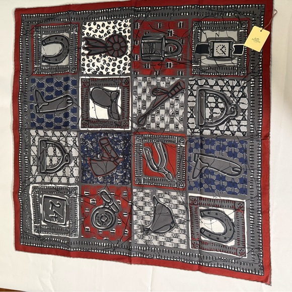 Vintage Hermès Carré 65 Cotton Scarf – Anthracite/Marine/Red – With Box - Picture 2 of 9